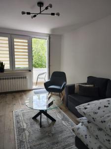 a living room with a couch and a glass table at APARTAMENT KASZMIR w KRÓLEWSKIM SANDOMIERZU in Sandomierz