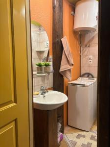 a bathroom with a sink and a washing machine at Regina apartment in Ventspils +2 photos