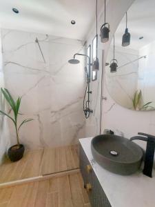 a bathroom with a sink and a potted plant at Euphoria Seafront Residence in Anissaras