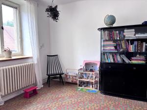 a living room with a black book shelf filled with books at Domek Želiv in Želiv