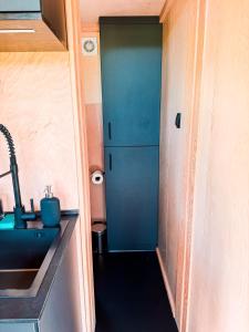 Šmartno v Rožni DoliniTiny House Glamping Mak的带水槽和蓝色门的小浴室