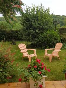 two wooden chairs sitting in the grass with flowers at hébergements proche pole européen du cheval et du circuit des 24h in Yvré-lʼÉvêque
