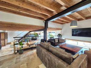 ein Wohnzimmer mit Sofa und Fernseher in der Unterkunft Chez Bob - Grange de Charme in Olloix