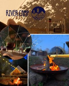 a fire pit with a tent and a fire pit at River Camp in Lembuži