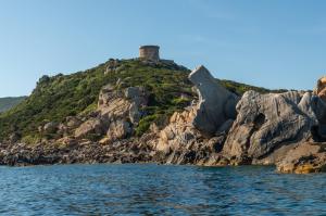 an island with a castle on top of it at HOTEL CAMPOMORO in Belvédère-Campomoro