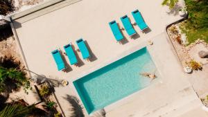 an overhead view of a swimming pool with blue chairs at Villa Jasmine - Ocean Front in Bwejuu