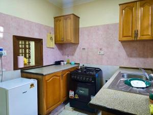 a small kitchen with a stove and a sink at A private bedroom in a shared home in Arusha in Arusha