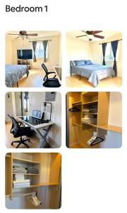 a collage of four pictures of a bedroom at 2 bed 2 bath East Village condo with two parking spots and 3 blocks to Ocean in Long Beach