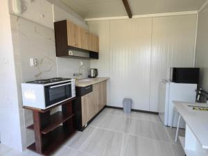 a small kitchen with a stove and a microwave at LenNy 3 in Kranevo