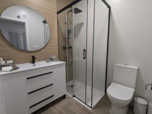 a bathroom with a shower and a toilet and a sink at Alojamiento huerto Altabix in Elche