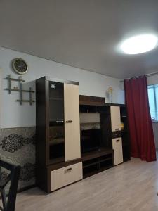 ein Wohnzimmer mit einem großen Entertainment-Center in der Unterkunft 2х комнатная in Zhezdi + 1 Foto