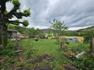 a yard with a fence and a tree at Ludogîte Graine de Jeux in Espaly-Saint-Marcel +7 photos