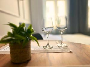 due bicchieri da vino su un tavolo con una pianta in vaso di GREY Apartment 1 a Poznań Altre 14 foto