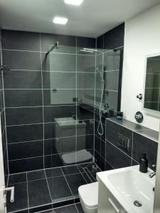 a bathroom with a shower and a toilet and a sink at City-Apartment in Bremerhaven in Bremerhaven