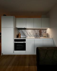 a kitchen with white cabinets and a sink at Business Apartment Baden Central Station in Baden