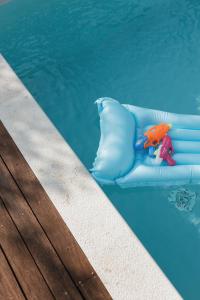 a pool float with two toys and a pillow in a swimming pool at Almond Buna PoolHouse in Mostar