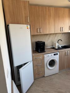 a kitchen with a white refrigerator and a washing machine at Timi&Amos in Caransebeş