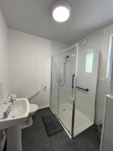 un bagno con doccia, WC e lavandino di Two bedroom cottage in Lumsden - Contractors a Huntly