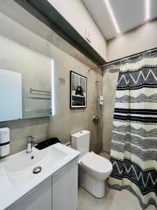 アテネにあるPoseidon Suite Korai by Zeus Suitesの洗面台、トイレ、シャワー付きのバスルーム