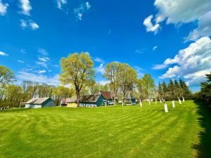 a green field with trees and a house in the background at Maple House - Sodyba Tarp Klevų in Utena