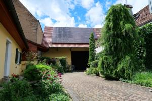 ザスバッハ・アム・カイザーシュトゥールにあるFerienhaus-Winzerhaus Sasbachの屋根に太陽光パネルを設けた家