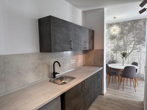 a kitchen with a sink and a table at AT Modern Boutique in Bucharest
