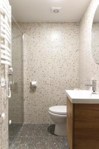 a bathroom with a toilet and a sink and a shower at Vila Pakaso malūnas in Kirdeikiai +25 photos