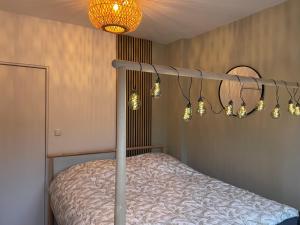 a bedroom with a canopy bed with a chandelier at Private Tiny House in Bussum near Amsterdam! in Bussum +42 photos