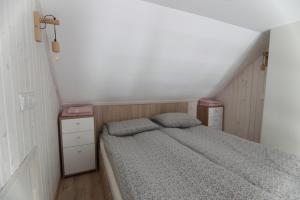 a small bedroom with a bed and two cabinets at Vila Pakaso malūnas in Kirdeikiai