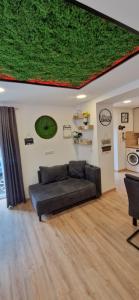 a living room with a couch and a green wall at Appartment-Ferienwohnung mit Küche, Bad, WLAN, Klimaanlage, Modern eingerichtet in Pösing