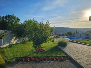 a garden with red flowers and an apple tree at Villa Vukas in Mostar
