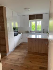 a kitchen with white cabinets and a wooden floor at Villa Pazaric in Resnik