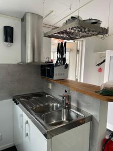 una cucina con lavello e microonde di Kungsgatan 36 a Borgholm