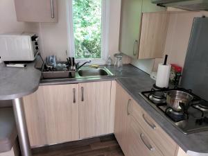 a small kitchen with a sink and a stove at Magnifique mobil-home ensoleillé 6 couchages à une heure de Paris in Saint-Chéron +26 photos