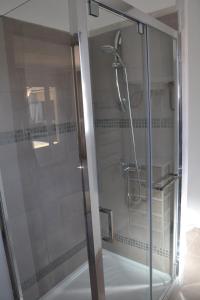 a shower with a glass door in a bathroom at Gite avec barbecue et terrasse clos in Lagorce