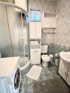 a bathroom with a toilet and a sink and a washing machine at Pansion Ivana studios in Baška Voda +49 photos