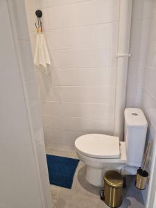 a bathroom with a white toilet and a blue rug at Appartement Bella in Saint-Denis