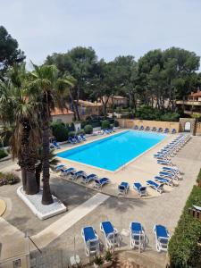 an image of a swimming pool with lounge chairs and a palm tree at Sanary Soleil et Douceur V in Sanary-sur-Mer