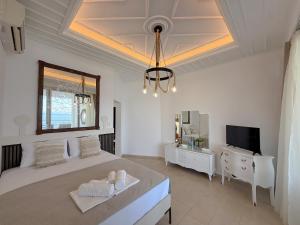卡利塞亚-豪客迪克斯Amelia Seaview Apartments & Studios的白色卧室配有一张大床和吊灯