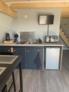 a kitchen with a sink and a microwave at Lady Tipi 3 avec bain nordique et piscine in Saint-Utin
