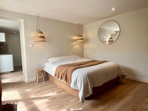 a bedroom with a bed and a mirror on the wall at Petit Lodge in Pierrevert