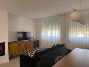 a living room with a couch and a television at Casa das Eiras, em Cinfães, no Douro in Cinfães