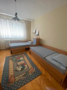 a room with two beds and a rug at Green Oasis Villa in Gevgelija