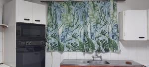 a kitchen with a sink and a curtain with leaves at Green Escape Cottage Guesthouse in Albert Falls