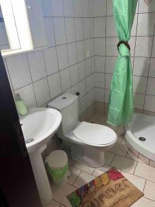 a small bathroom with a toilet and a sink at Cozy apartment in Thérissos +14 photos