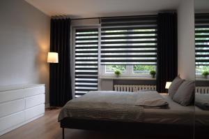 a bedroom with a bed and a window with blinds at Apartment Reden Park - Free Parking - easy check-in in Chorzów
