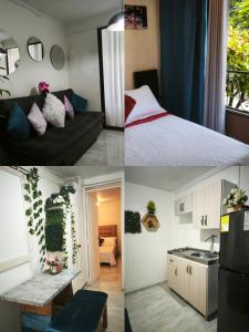 three different views of a living room and a kitchen at Apartamento cerca a Medellín - Puerta del norte Bello in Machado