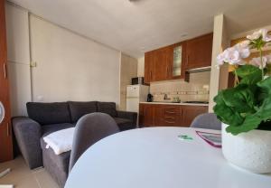 a kitchen and a living room with a table and a couch at Calafats in Lloret de Mar