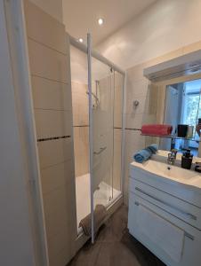 a bathroom with a shower and a sink and a mirror at Appartement - Cannes vieille ville - Le Suquet in Cannes