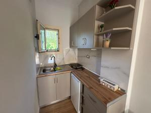 a small kitchen with white cabinets and a sink at Hotel Villa Andi in Zverneci